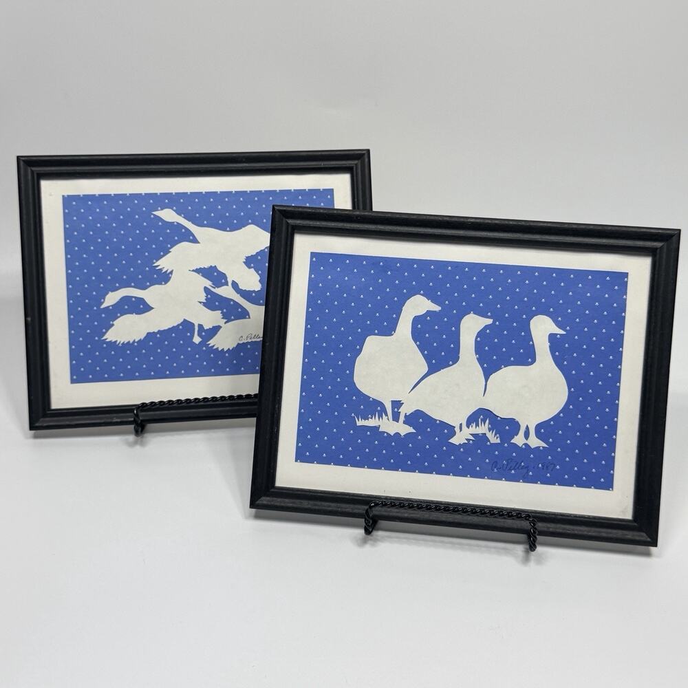 2 Small Vtg 80s Country Geese Framed Wall Art Blue White Silhouette Cottagecore